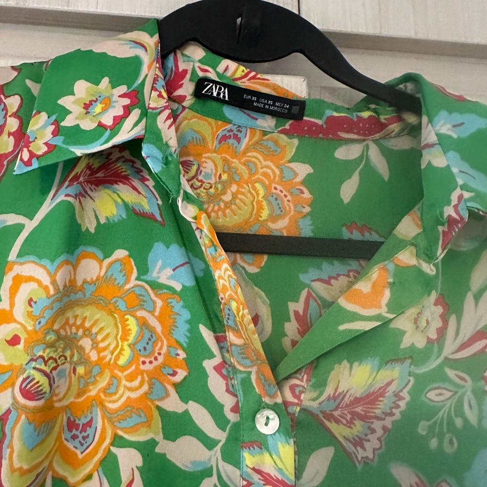 Zara Summer Dress Green Floral Button-Up